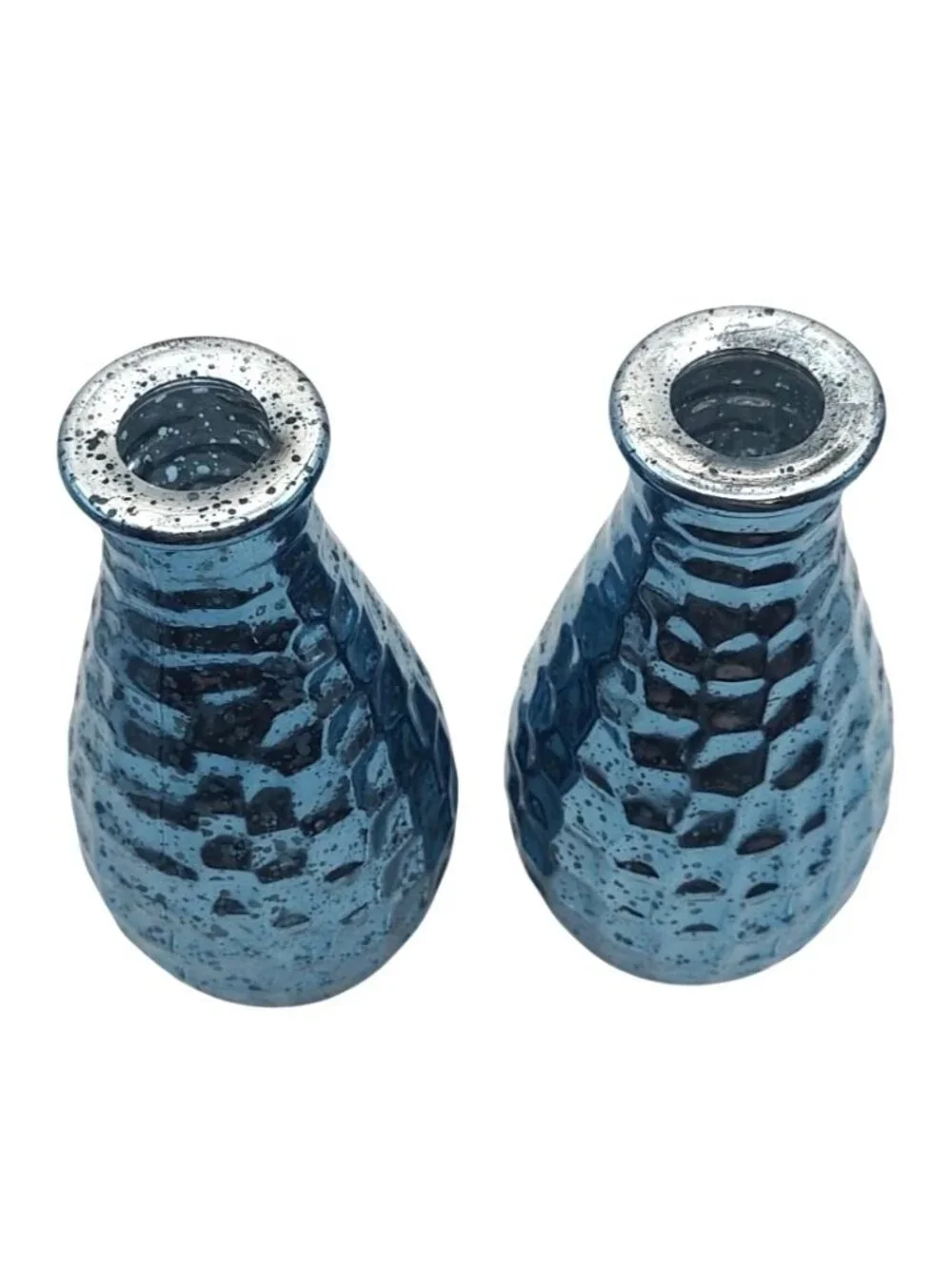 Mercury Glass Bud Vase Set Of 2 Blue Pebble Grain Textured Reflective Retro